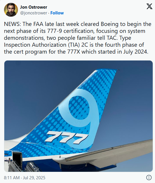 FAA已批准波音777-9进入下一阶段认证流程